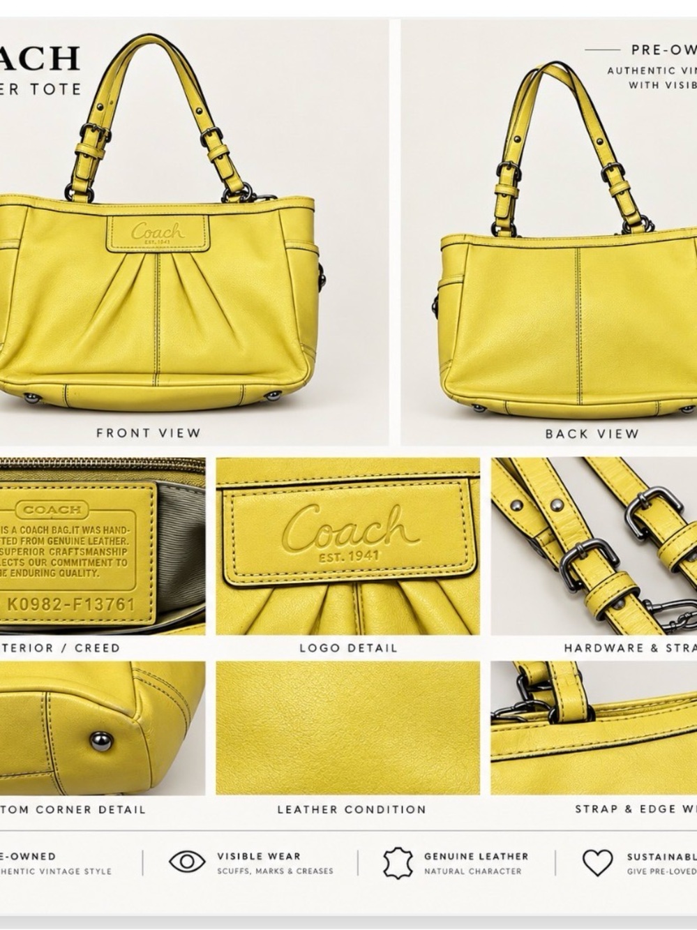Coach Yellow Leather Pleated Shoulder Tote